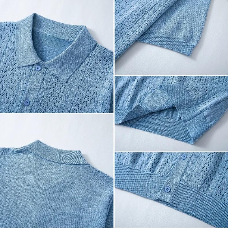 Men's Summer Knit Shirts Short Sleeve Button Down Polo Shirt Beach Knitted Casual Shirt Tops Breathable Lightweight Vacation Vintage Shirts for Male