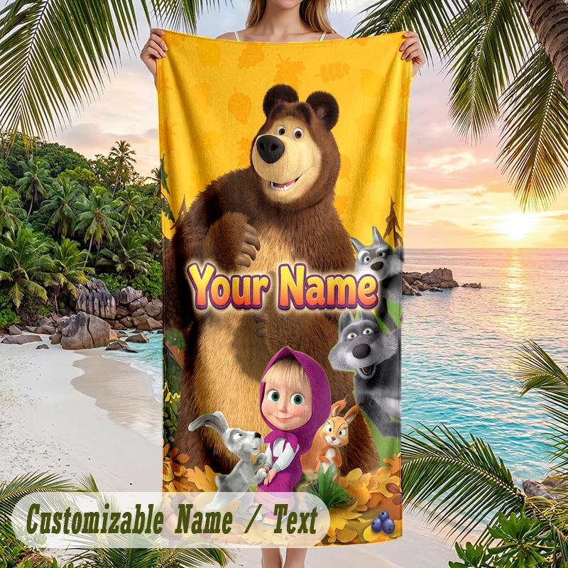 Masha and the Bear Beach Towel, Personalized Custom Text, Quick Dry Soft Large Towel For Swimming Pool Travel