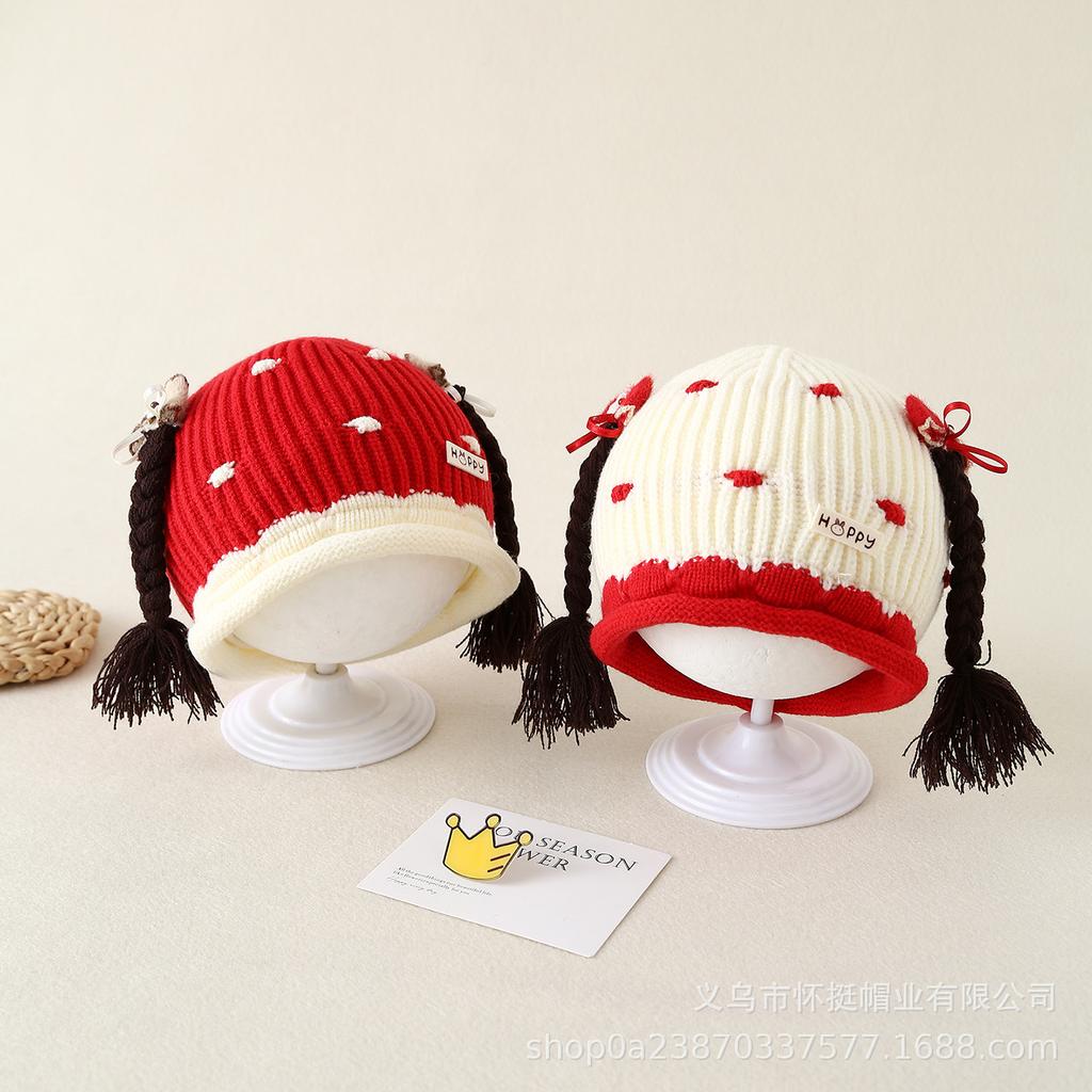 Autumn Winter Princess Baby Hat with Braids: Cute Knit Design for Newborns and Girls