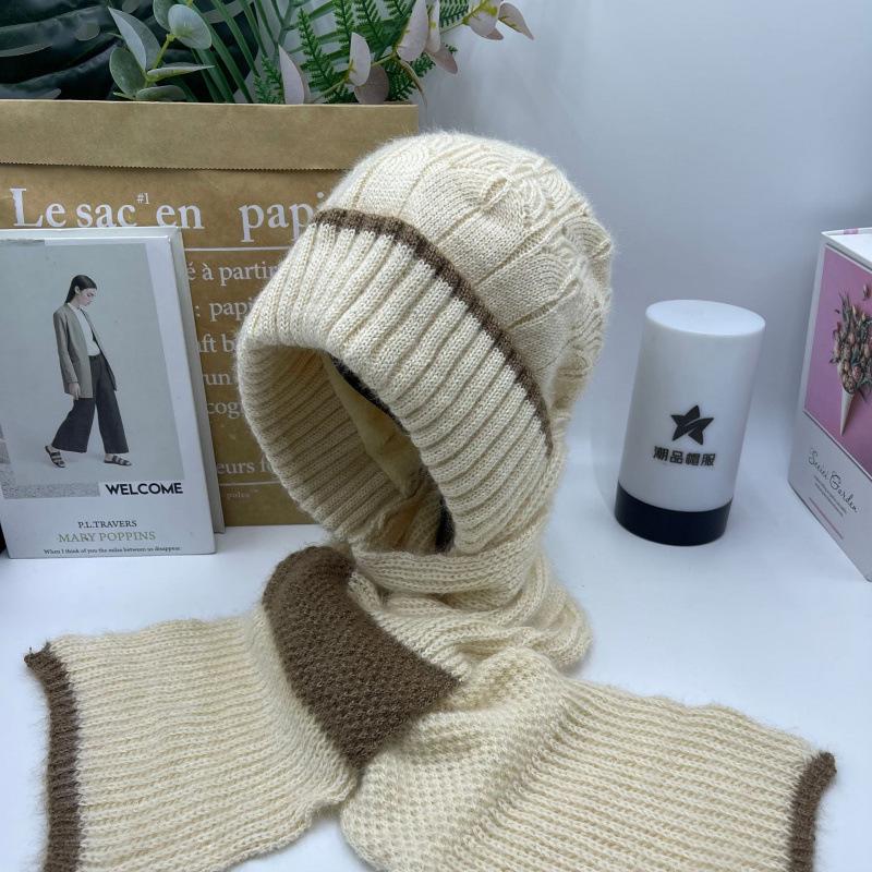 Hat female autumn and winter warm knitted wool snow hat cycling mother fashion ear protection headgear scarf integrated hat