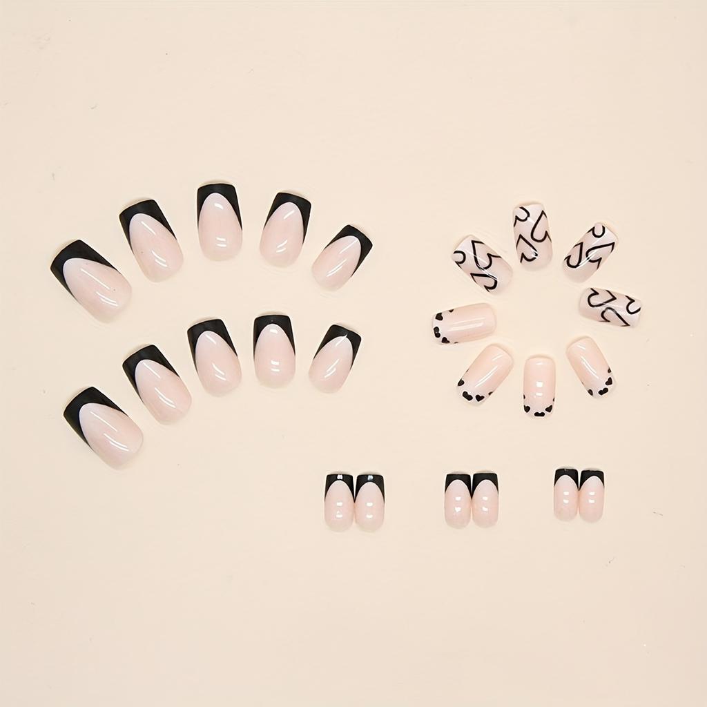 24pcs Mid-length Square Shape Press On Nails, Black Fake Nail With Heart Decor, Glossy Full Cover Nails For Women