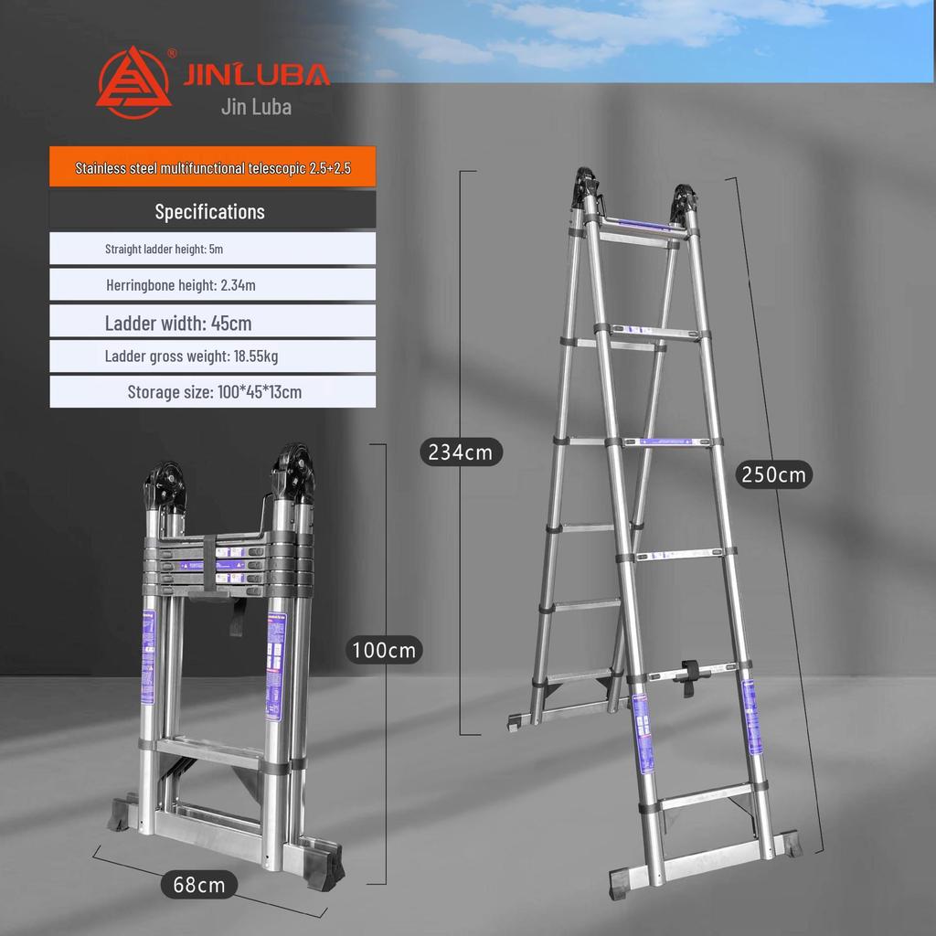 Jinluba Aluminum Telescopic A-Frame Ladder - Thickened, Stainless Steel, Bamboo Joint, for Household & Engineering Use