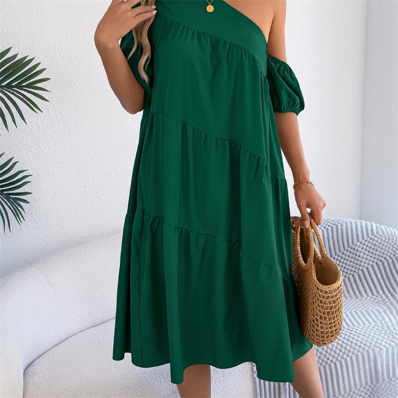 2026 Spring Summer Women's Off Shoulder Short Sleeved Ruffled Hem Long Skirt S-XL