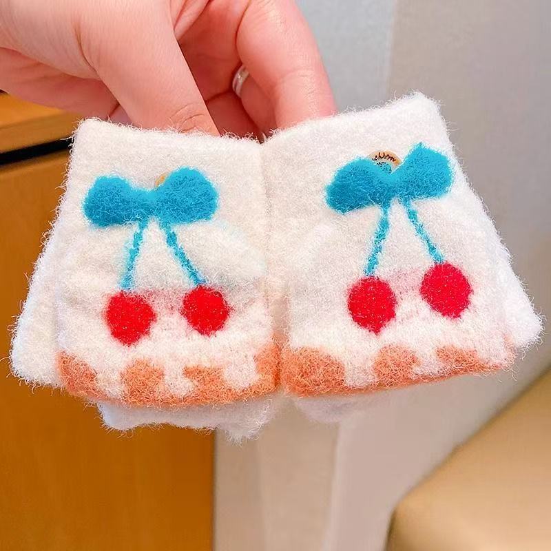 Autumn and winter cartoon fruit children's flip gloves open fingers outdoor cold-proof boys and girls baby children half-finger warm gloves
