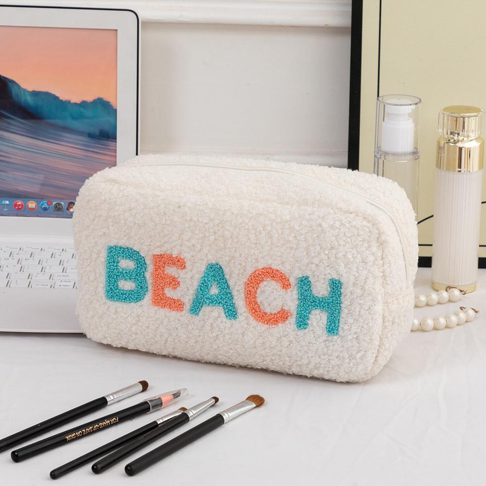 

Letter Embroidery Women s Cosmetic Bags Faux Lamb Wool Ladies Makeup Storage Bag Soft Plush Female Portable Zipper Clutch Purse
