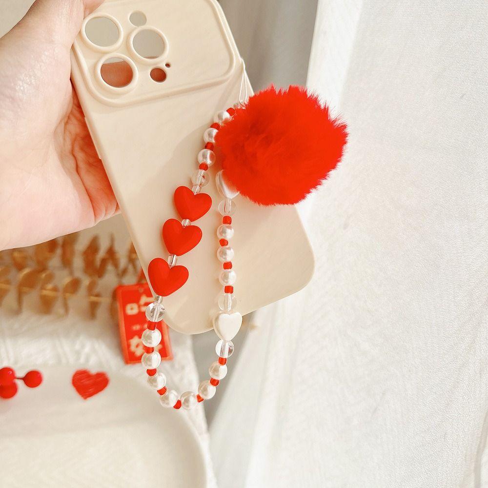 

Beads Red Love Mobile Phone Lanyard Red Love Red Mobile Phone Charm Female Lady Girl