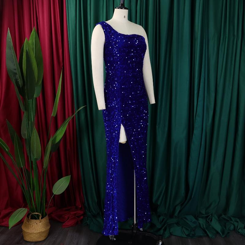 Damen Mode Ein Schulter Pailletten Schlitz Lang Sexy Formelles Partykleid