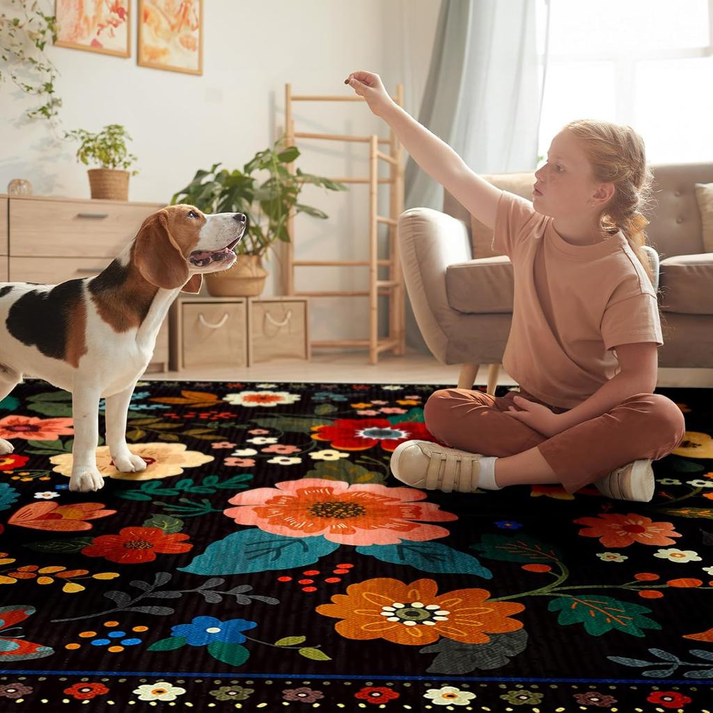 Crystal velvet carpetFloral  Area Rug Machine Washable Soft Print Boho Carpet Non Slip Doormat Low Pile Flower Area Rugs for