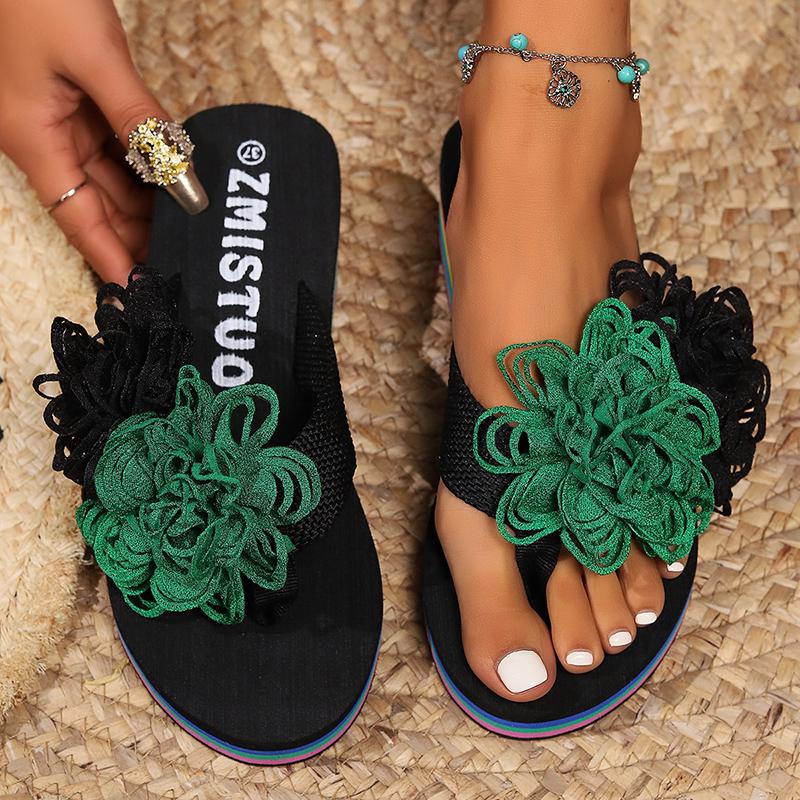 Fashion Contrast Color Flower Wedge Sandals for Women Summer Thick Rainbow Bottom Beach Slippers Woman Lightweight Platform Flip Flops