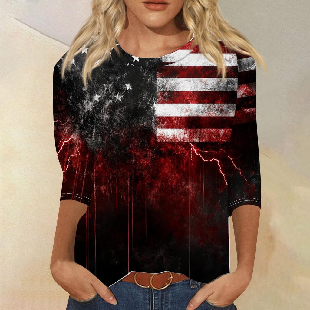 Women's Fashion Casual 3/4 Sleeve Independence Day Printed Round Neck Pullover Top
