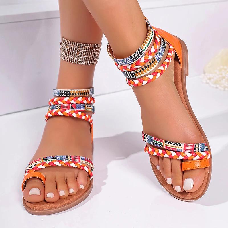 Fashion Braided Ankle Strap Roman Sandals for Women Summer 2025 Bohemian Printed Flat Sandals Woman Plus Size Casual Outdoor Beach Shoes