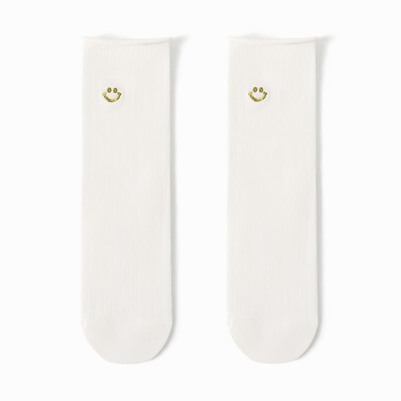Female Spring and Autumn Color Embroidery Vertical Bar Rolled Edge Antibacterial Drum Pile Pile Cotton Socks