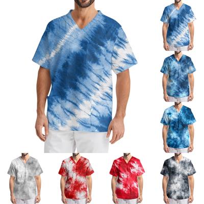 Men's Printing Short Sleeve V-neck Working Blouse Chest Pocket Carer Top