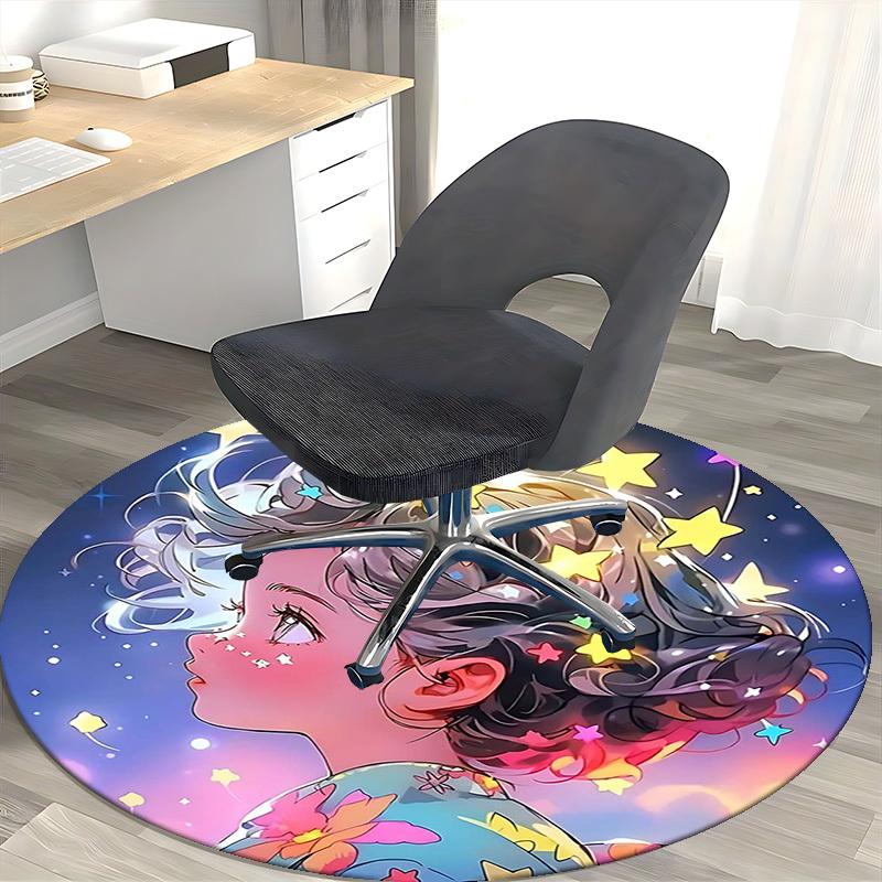 1pc Anime Design Round Carpet Office Chair Mat with Floral Print, Non Slip Rug for Home Decor, All Seasons