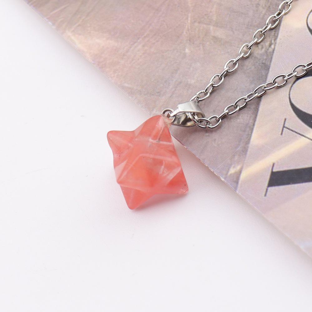 Large Natural Stone Pendant: 24mm Amethyst Rose Quartz Kabbalah Star Necklace