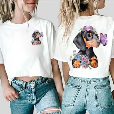 Modisches Cartoon Dackel Unisex Kleidung Duplex Druck Grafik Hundeliebhaber T-Shirt Lässige Damen Oberteile Rundhals Kurzarm T-Shirts
