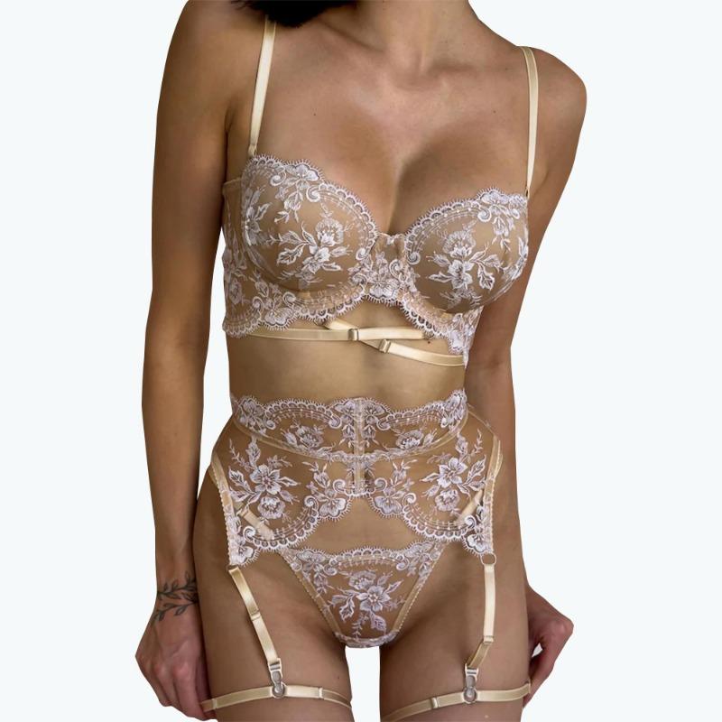 Sex underwear perspective outfit mesh embroidery contrasting color bra sexy temptation set