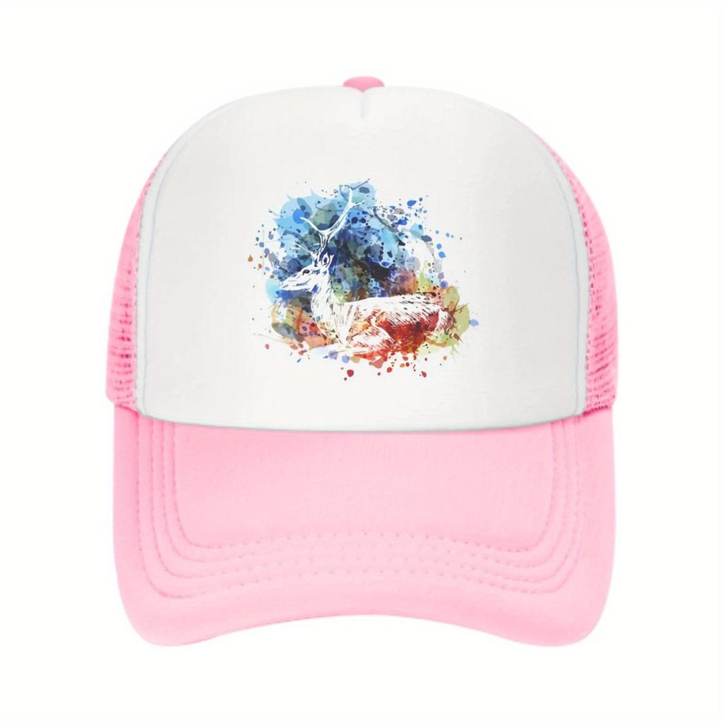 Watercolor Deer Graphic Print Mesh Back Trucker Hat Unisex Casual Adjustable Baseball Cap