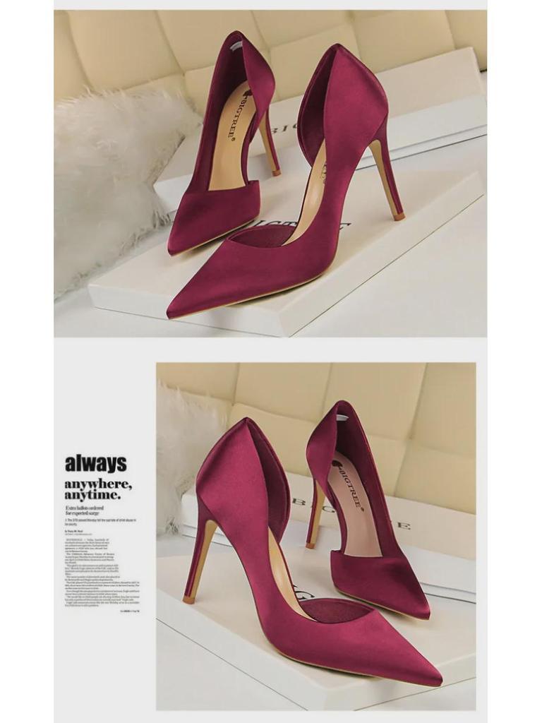 European & American Style Satin Stiletto Heels – Pointed, Shallow, Side Hollow Design for a Sexy Nightclub Look, Slim Fit Women's High Heels