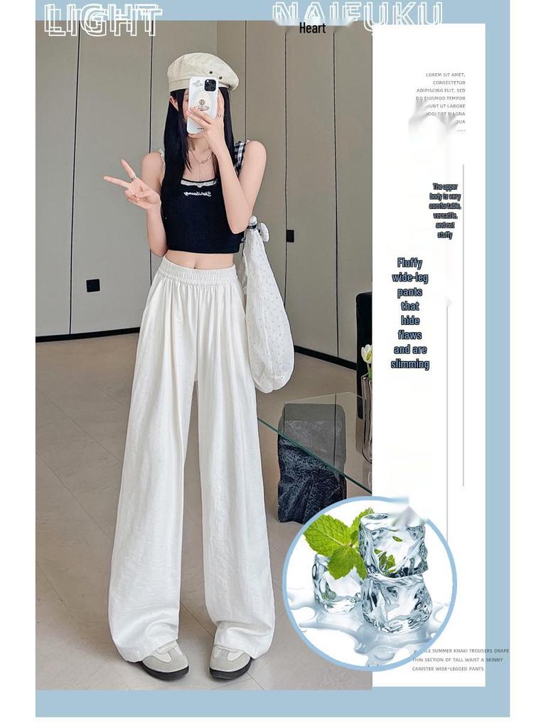 White High-Waisted Ice Silk Wide-Leg Pants for Women - Summer Casual Drape Style
