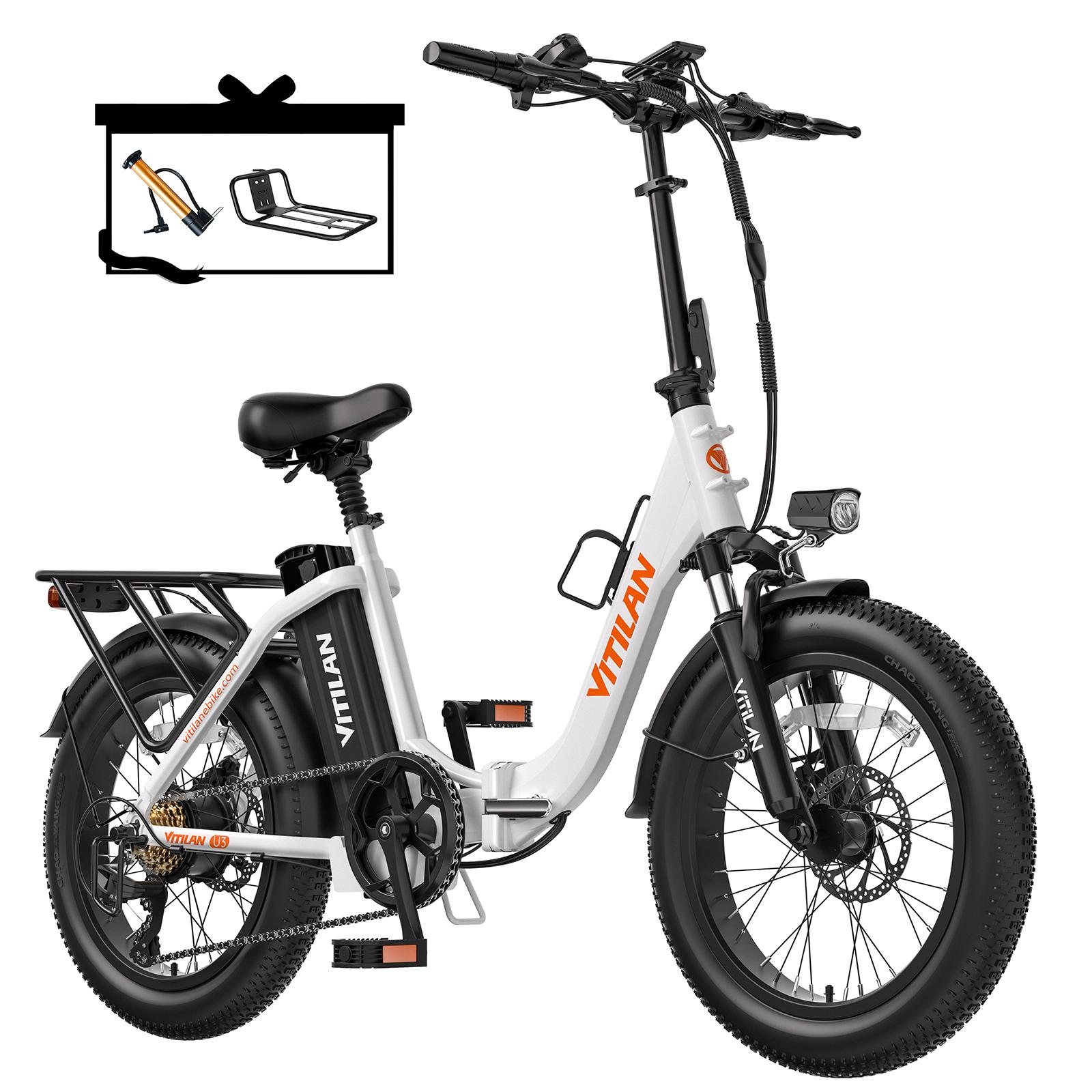 Vitilan U3 Elektrisches Fahrrad 750W Motor Faltbares Elektrofahrrad 48V 13AH Doppelscheibenbremsen 20 x3.0  Reifen Shimano 7-Gang weiß