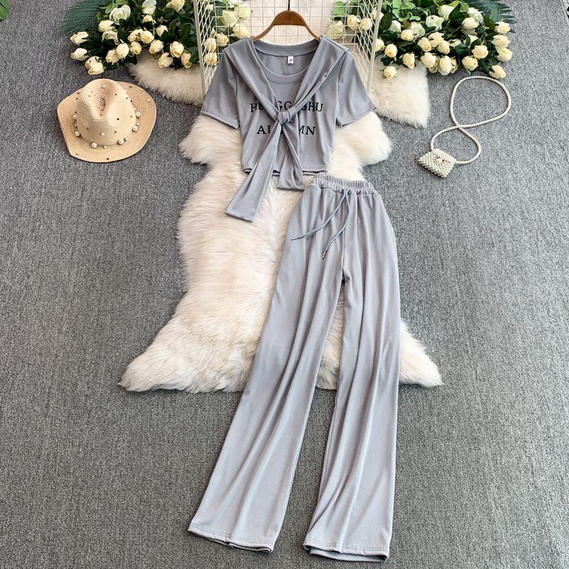 

Korean Series Gyaru Short Letter Print Knit t-shirt Versatile Small Shawl Top + High Waist Slimming Wide Leg Pants Set Grey All yards