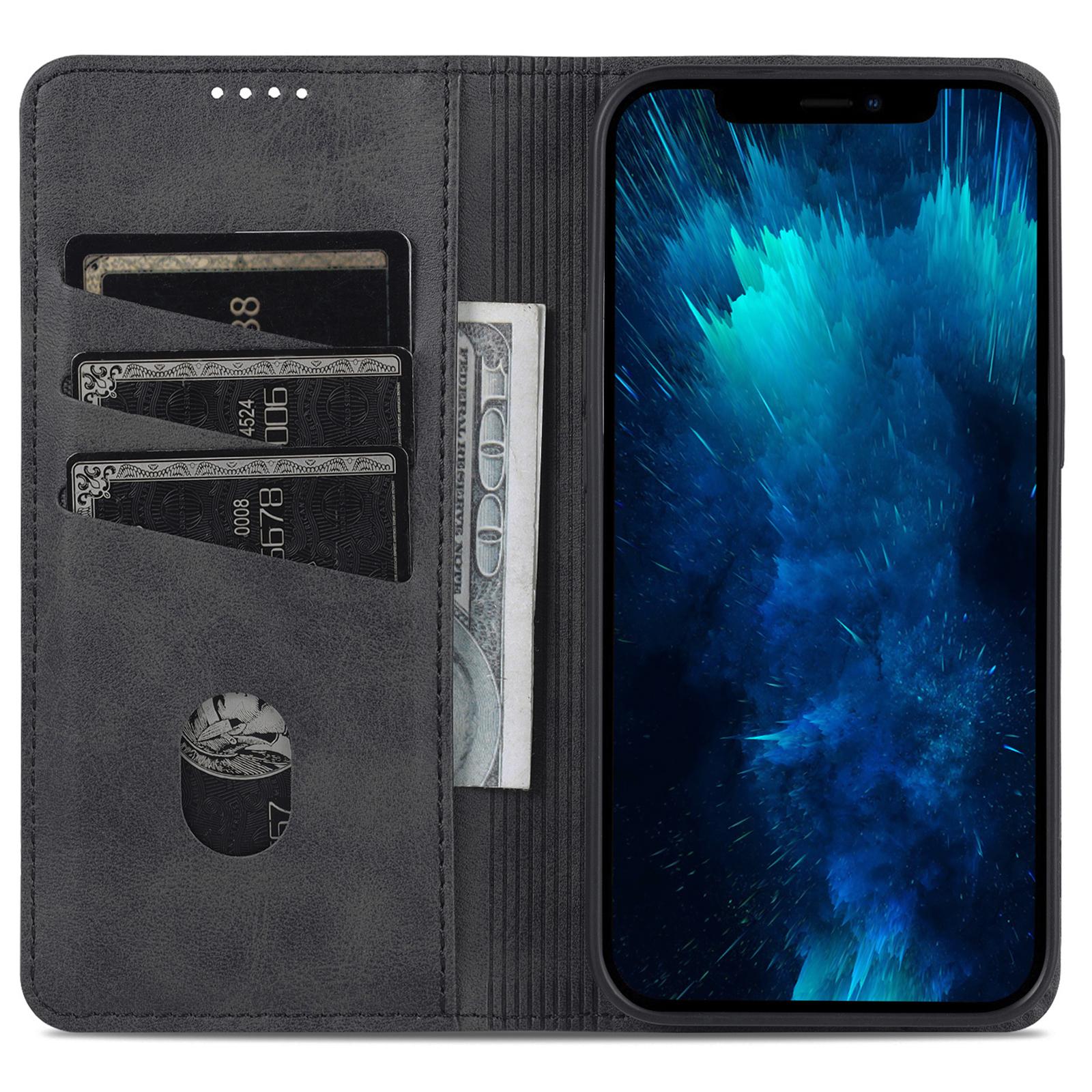 

AZNS For iPhone 15 Pro Max PU Leather Wallet Phone Cover Stand Protective Case Black
