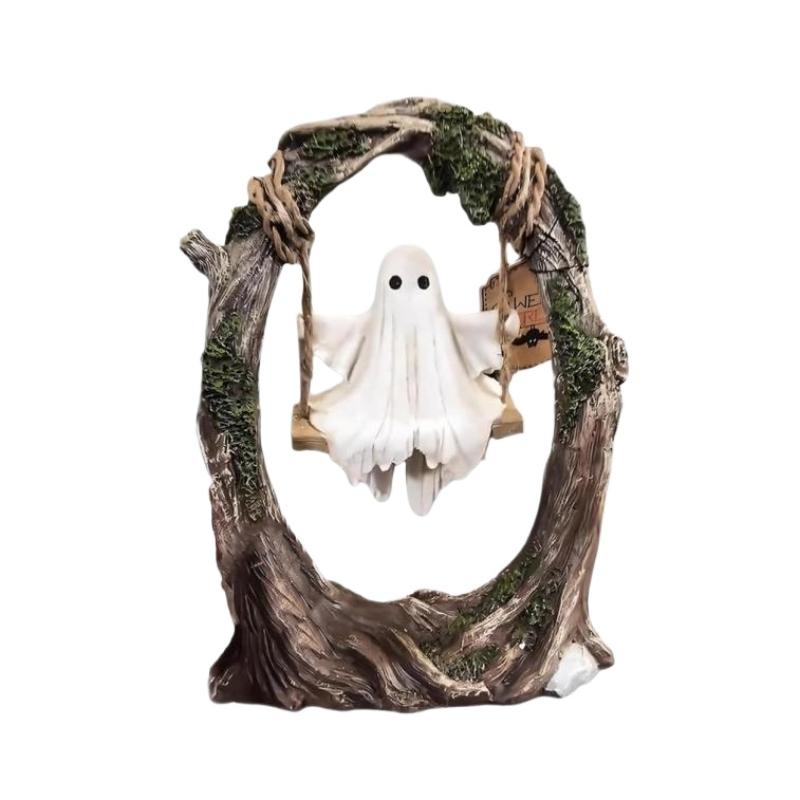 Halloween Swing Ghost Statue Resin Spooky Figurine Ghost Tree Swing Ornament Desktop Bookshelf Garden Patio Lawn Halloween Decor