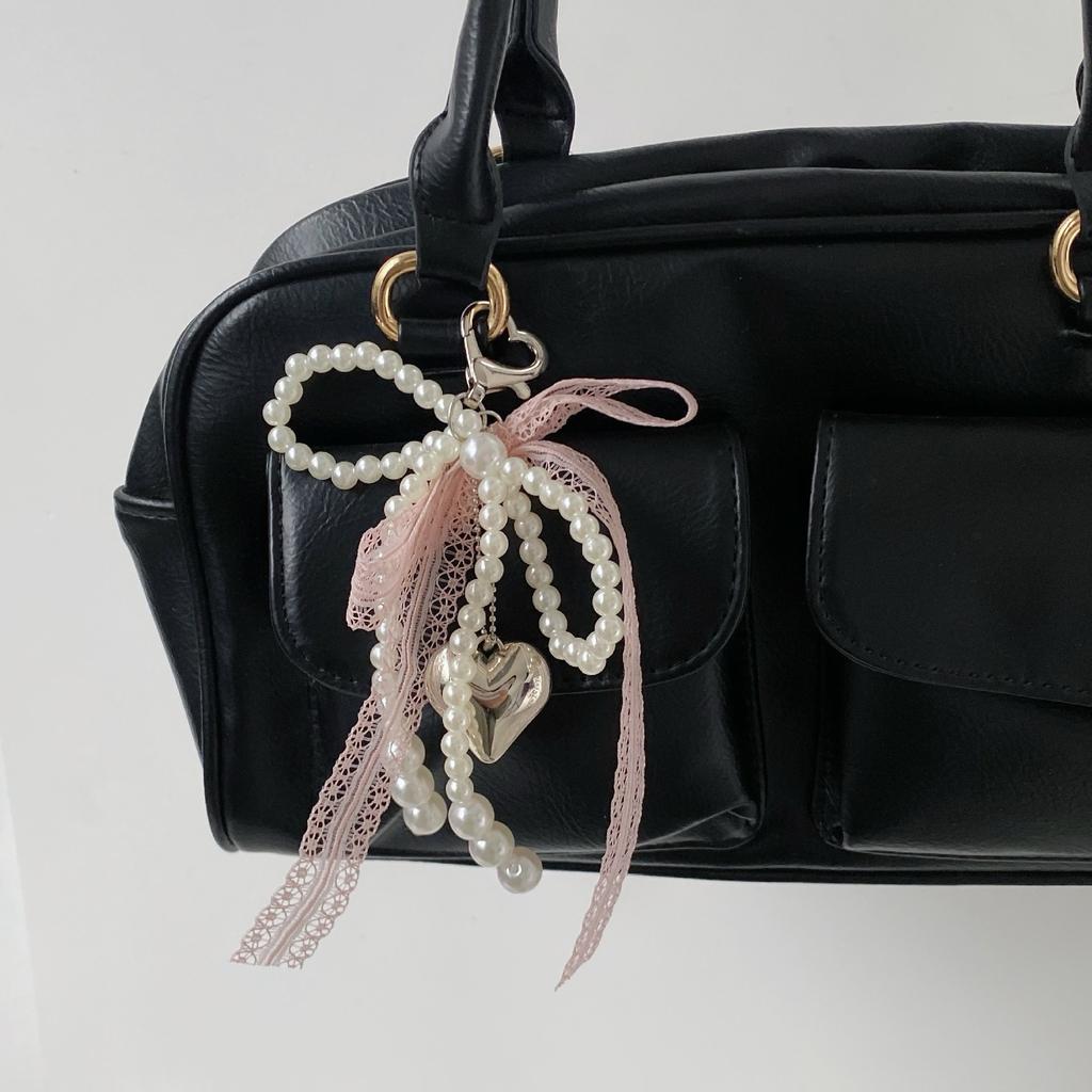 Lace Bowknot Keychain Imitation Pearls Beaded Pendant Keyring for Women Handbag Backpack Key Chain Ornament