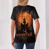 Women's Casual Halloween Printed V Neck Short Sleeve Button Front T Shirt Top for Everyday Wear Seasonal Themed Tee