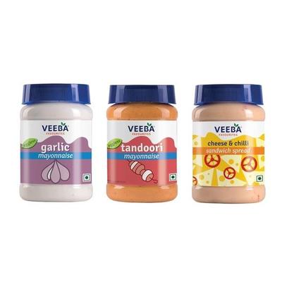 VEEBA Garlic Mayonnaise 250 Gram, Tandoori Mayonnaise 250 Gram & Cheese & Chilli Sandwich Spread 250 Gram - Pack of 3
