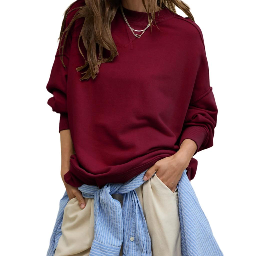 Basic Sweatshirt For Women With Knit Cotton Fabric And Long Lantern Sleeves For Casual Streetwear