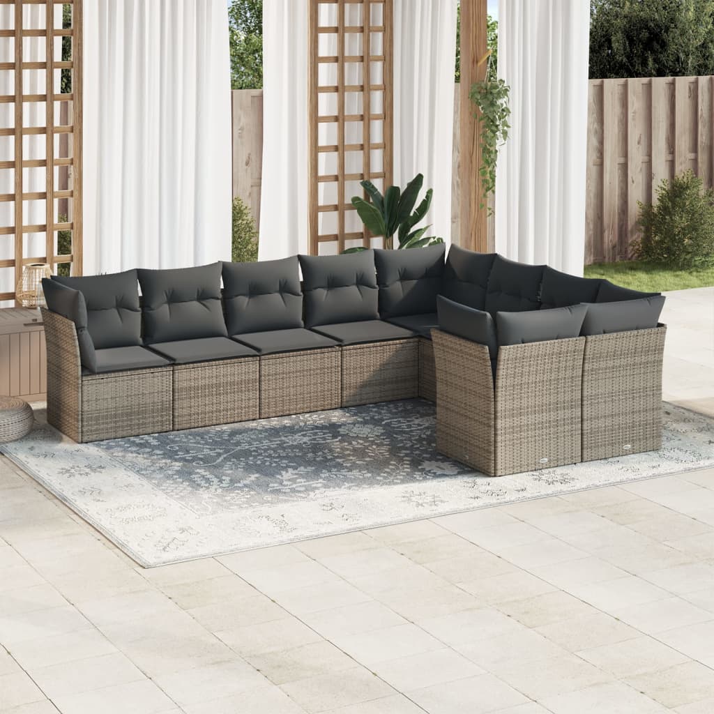 Vidaxl 9-Cz. Garden Furniture Set With Cushions, Grey, Poly Rattan