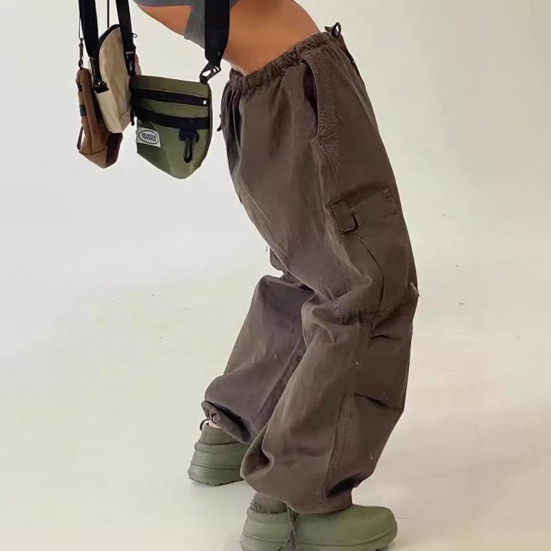 Calças Casual LUXEON Retro Lisas com Cordão Joggers Bolsudas Perna Larga Calças de Moletom Cintura Média Esportivas Y2k Unissex