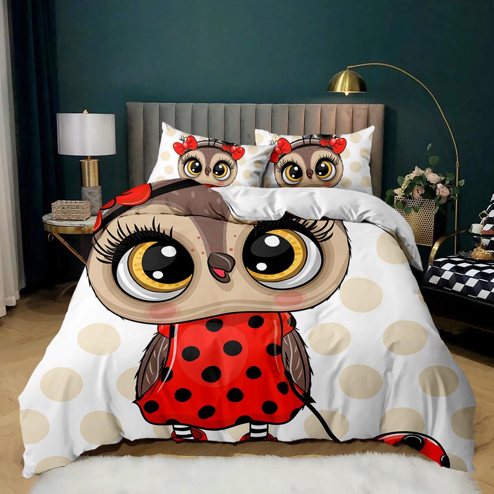 Eulen Bettwäsche Set King Size Niedliche Eule und Sterne Dekor Bettbezug Weltall Bettbezug Kinder Jungen Mädchen Polyester Steppdeckenbezug