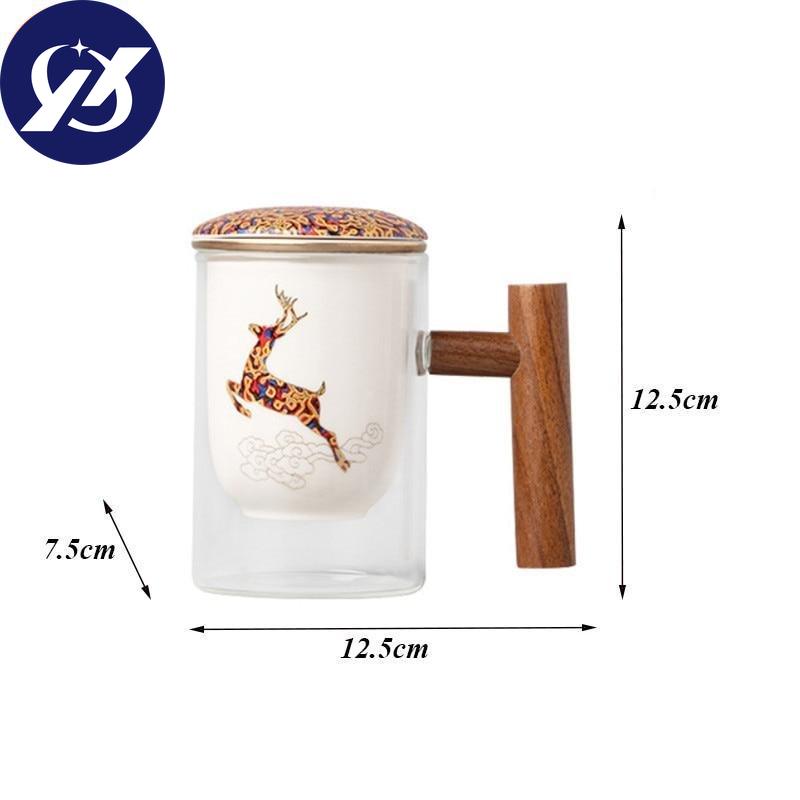 Creative Glass Tea Separation Cup Ceramic Filter Teacup With Lid and Wooden Handle Large Capacity Office Coffee Mug Drinkware
