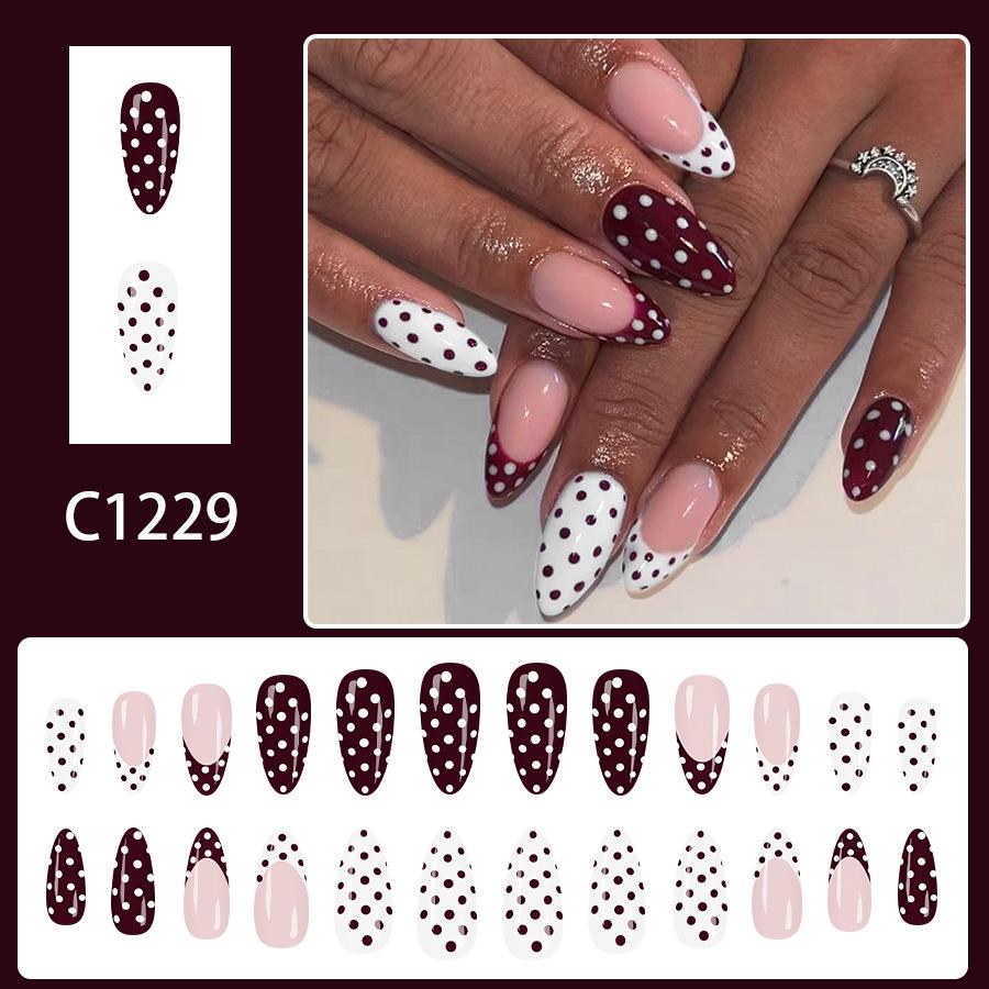 24Pcs Medium Almond Press On Nails Glossy Red French Tip White Polka Dot Fake Nails for Women Fall Winter красный