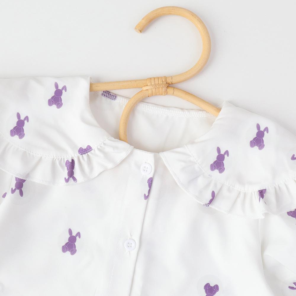 Conjunto de Falda Plisada Preppy de Verano para Niñas con Manga Corta Fruncida y Bordado de Conejo Conjunto de Dos Piezas para Niños