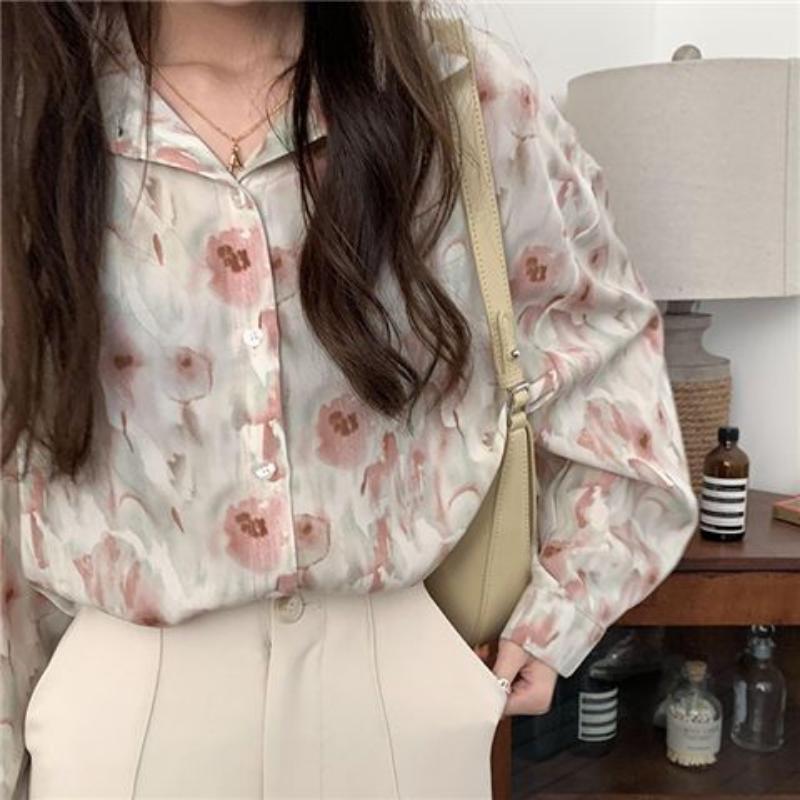 Spring and Autumn Women's Shirt Three-color Vintage Printed Chiffon Shirt Loose Lapel Oil Painting Casual Commuter Women's Top
