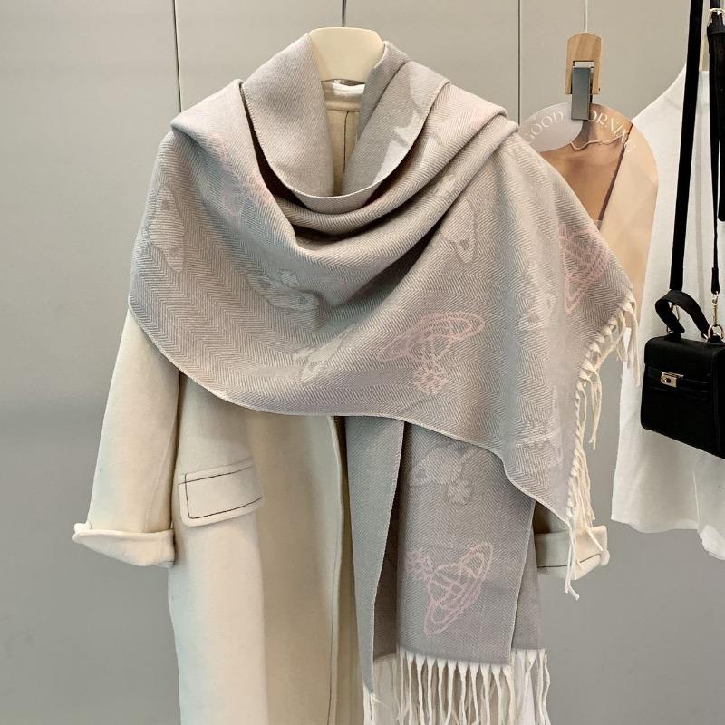 Autumn and Winter Thickened Sheep Imitation Cashmere Classic Saturn Scarf, Pattern Double-sided Women's Warm Light Luxury Shawl, Scarf