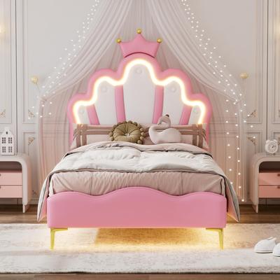 Letto imbottito 90x200cm, letto da principessa a forma di corona, rete a doghe, luce LED che cambia colore, materiale PU, adulti/giovani, senza materasso