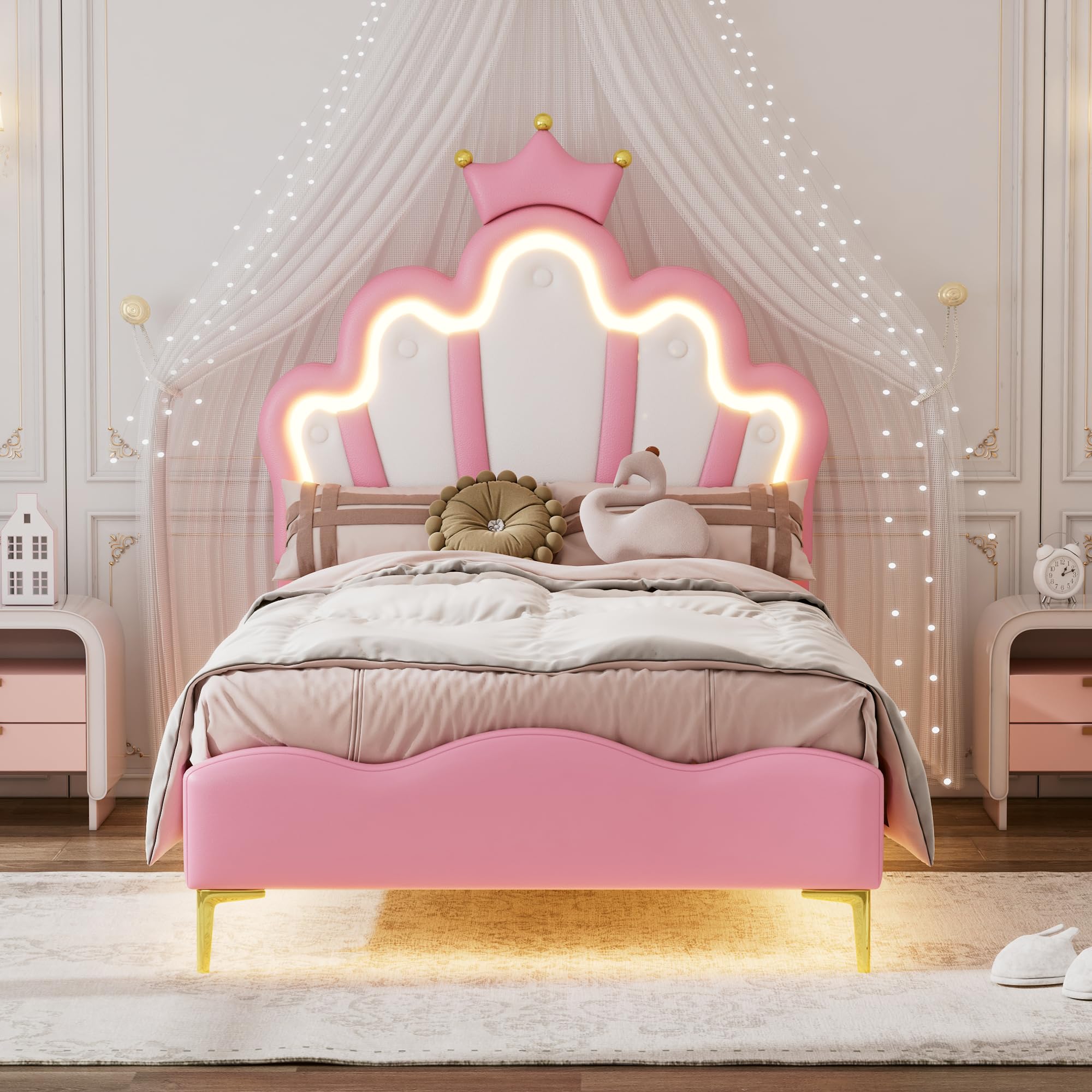 Pat tapițat 90x200cm, pat de prințesă în formă de coroană, somieră cu lamele, lumină LED cu schimbare de culoare, material PU, adulți/tineret, fără saltea 203x90x129 cm roz
