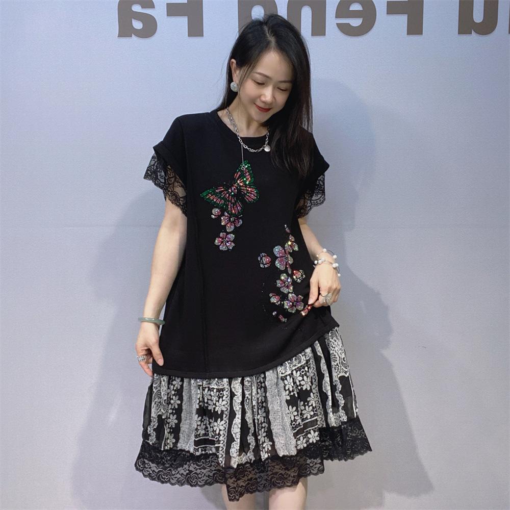 Unique Design Lace-embroidered Short-sleeved Summer Dress for Women, New Style, Slimming, Heavy-duty Sequined, Large Size. one size чёрный