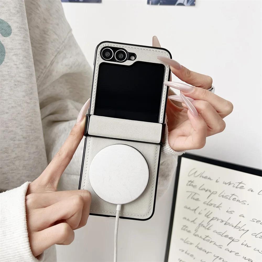 Magnetic Rotating Bracket Phone Case for Samsung Galaxy Z Flip 6 5 4 Flip6 Flip5 Flip4 Flip3 5G Leather Hinge Protective Cover