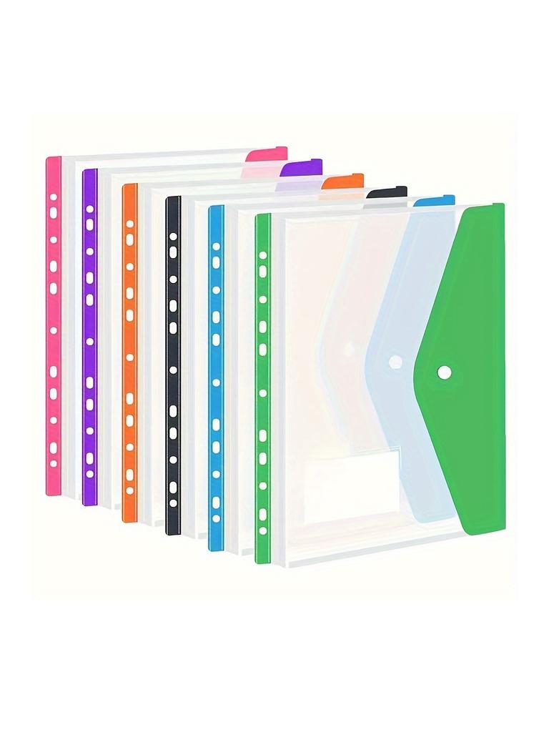 6 Pcs Plastic Envelope with Adhesive Snaps & 11 Holes File Folder Expansion Bag for 2/3/4 Ring File Bag and A4 School Bag File B