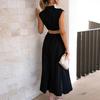 Lady Prom Dress Pleated Sleeveless Solid Color Stand Collar Hollow Out Dress-up Mid-calf Length Wedding Party Women Banquet Dress Female Clothing
