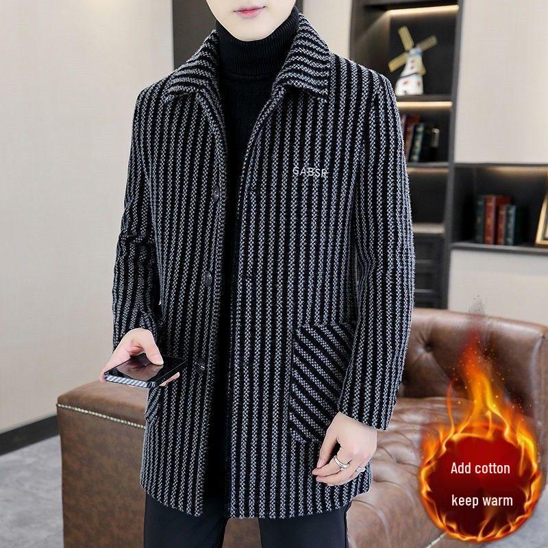 Men's Mid-Length Woolen Coat: Thickened, Striped, Warm Lapel Windbreaker