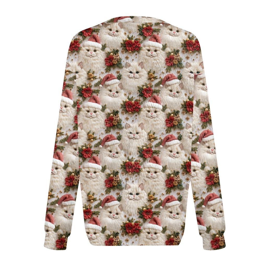 Women's Fashion Round Neck Pullover Top Long Sleeve Tee Christmas Printed Sweatshirt