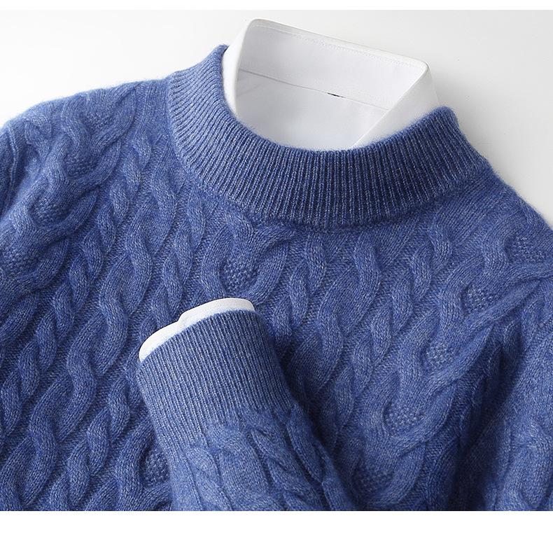 Men's Thickened Pure Wool Half-High Collar Cable Knit Sweater - Autumn Winter Loose Business Casual Base Layer