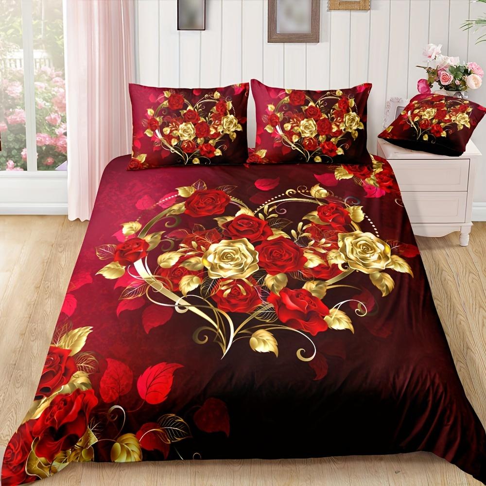 Luxusní klasická sada povlaků na přikrývku 1* povlak na přikrývku + 2 * povlak na polštář Love Rose Print Sada ložního prádla Měkký pohodlný povlak na přikrývku do ložnice